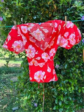 Old Navy Red Floral Puff-Sleeve Wrap Blouse